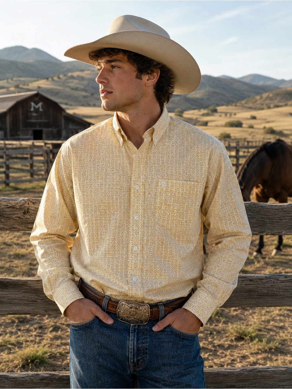 Panhandle Western Button Down Shirt Kids  L Yellow Geometric Print Ranch Cowboy